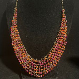 Vintage Gold Tone Orange And Purple Beaded Chainmail Bib Necklace 24" (3906)